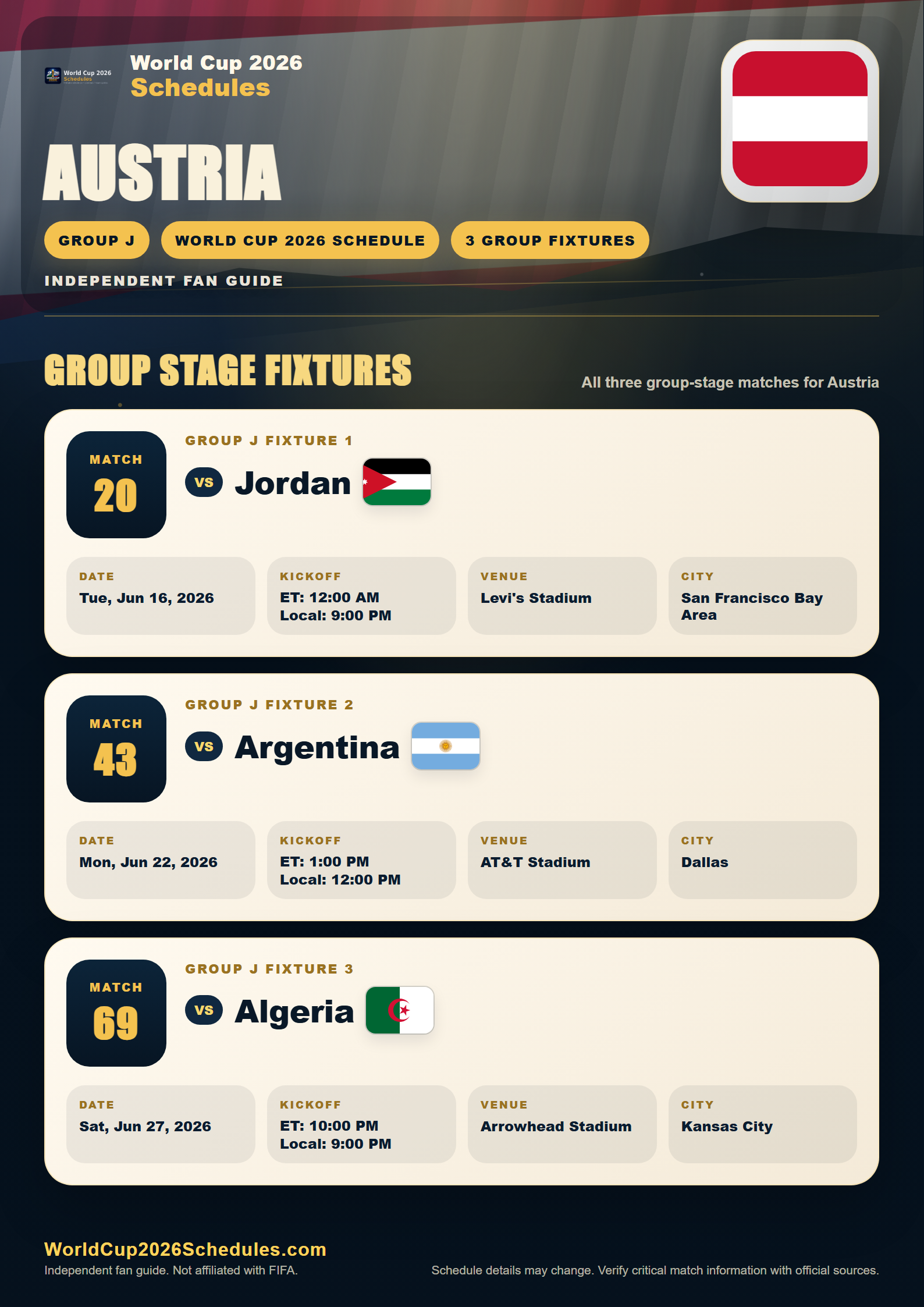 Austria World Cup 2026 schedule poster with group stage fixtures, opponents, dates, times and venues