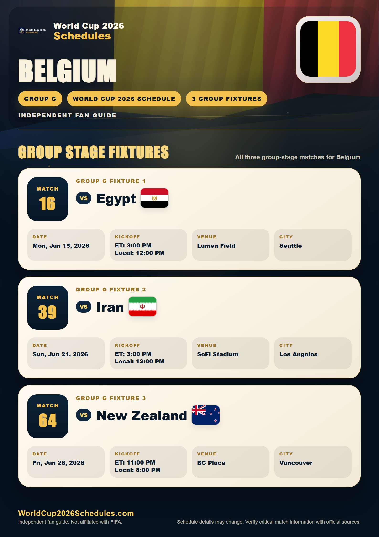 Belgium World Cup 2026 schedule poster with group stage fixtures, opponents, dates, times and venues