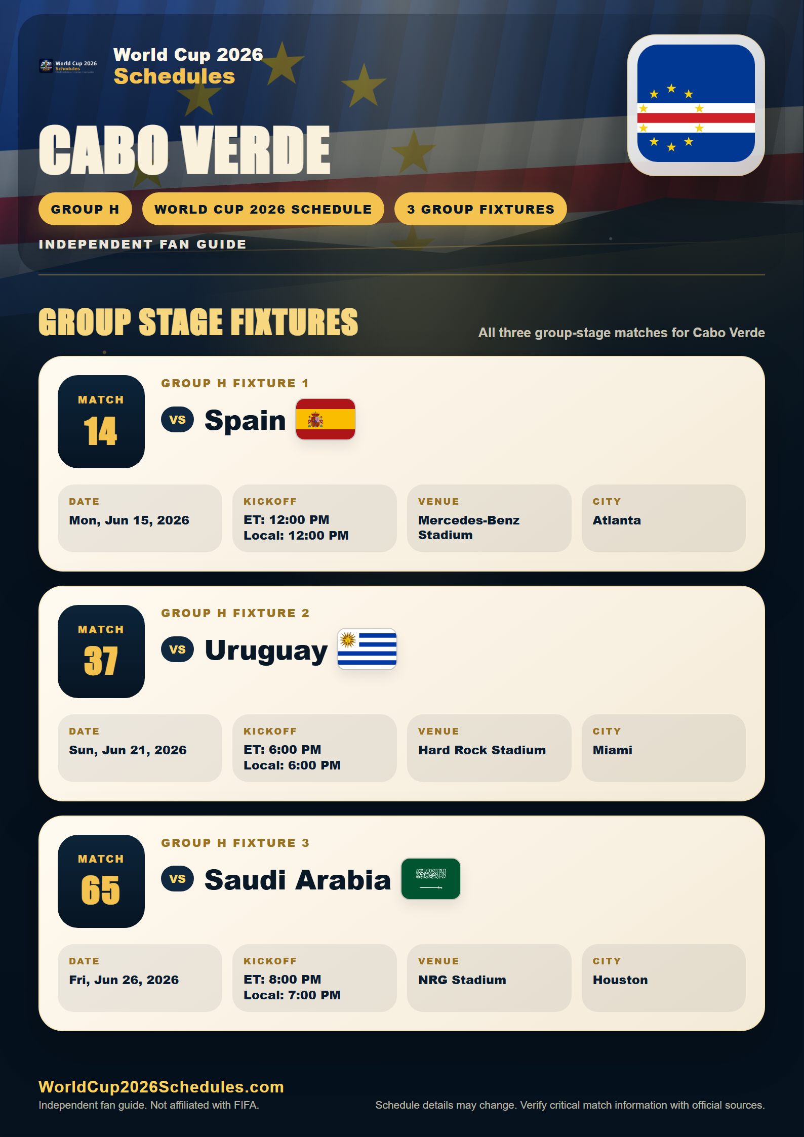 Cabo Verde World Cup 2026 schedule poster with group stage fixtures, opponents, dates, times and venues