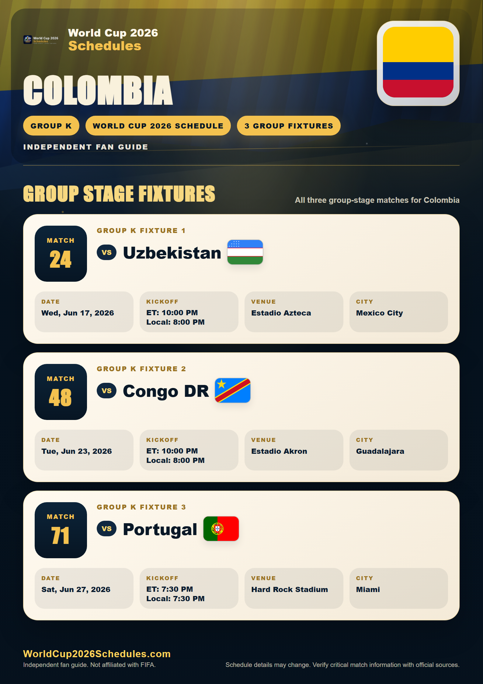 Colombia World Cup 2026 schedule poster with group stage fixtures, opponents, dates, times and venues