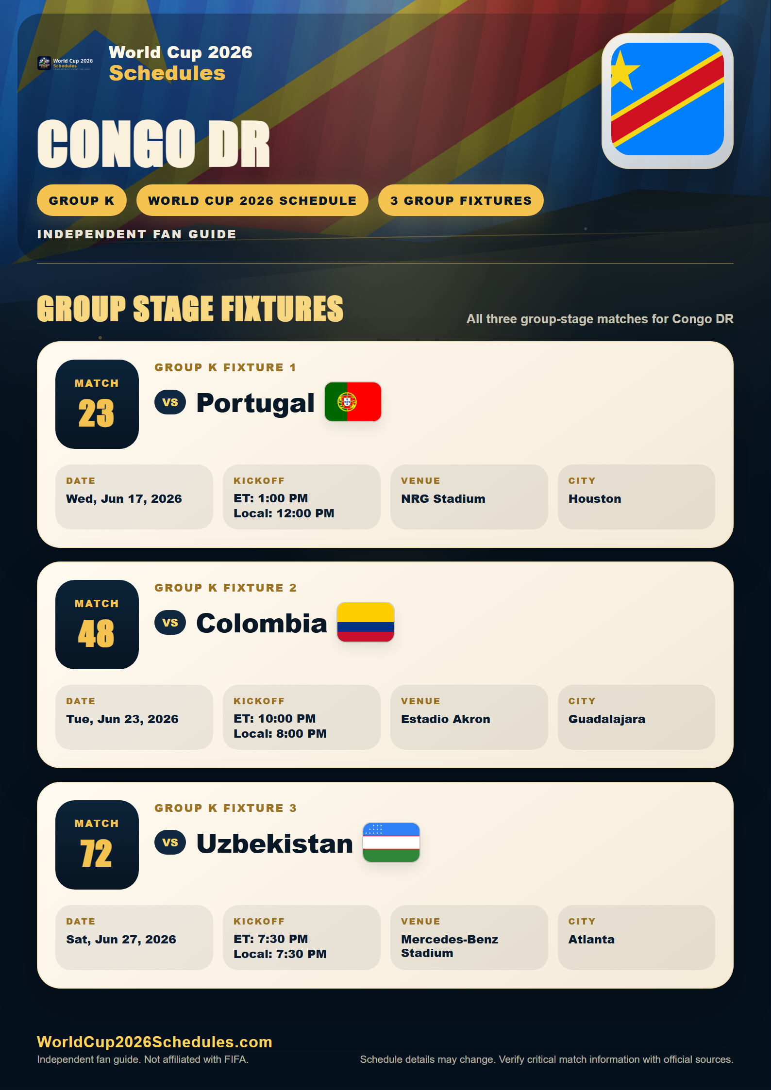Congo DR World Cup 2026 schedule poster with group stage fixtures, opponents, dates, times and venues
