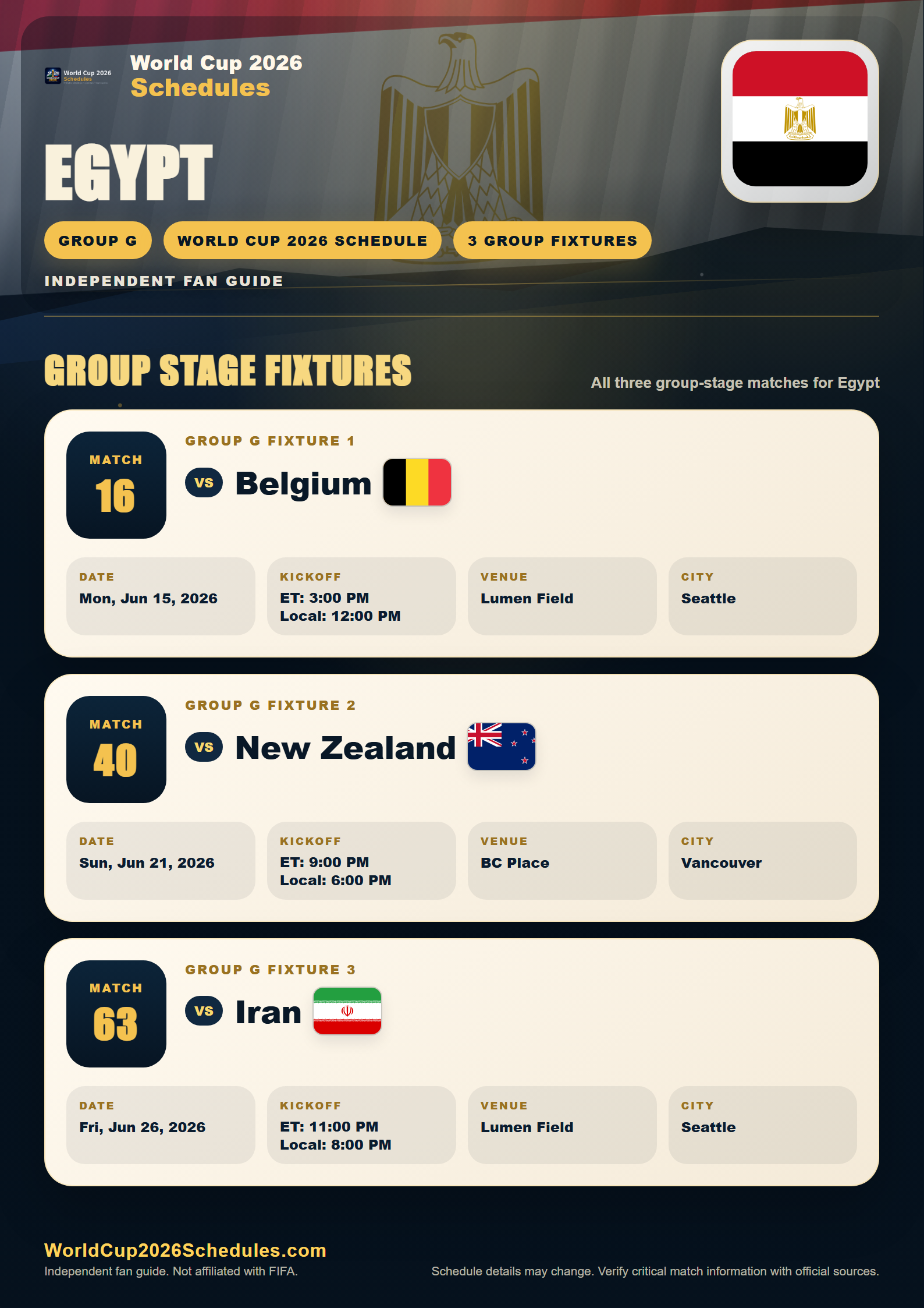 Egypt World Cup 2026 schedule poster with group stage fixtures, opponents, dates, times and venues
