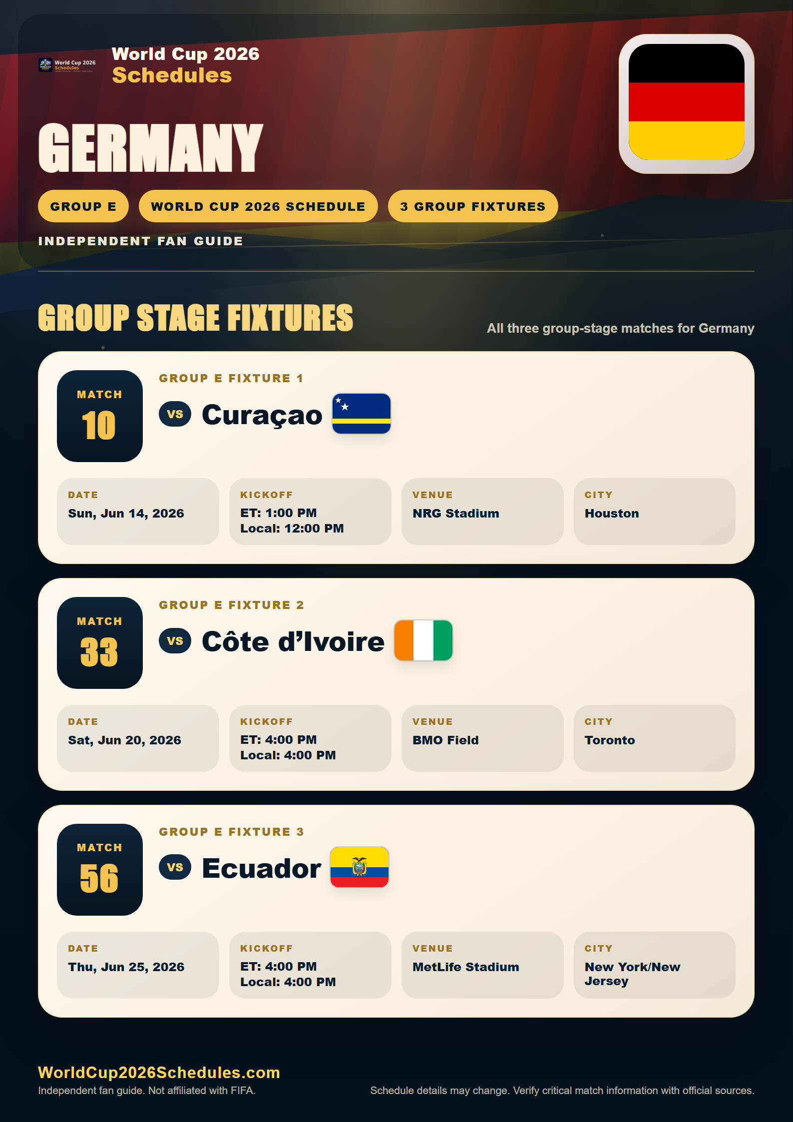 Germany World Cup 2026 schedule poster with group stage fixtures, opponents, dates, times and venues
