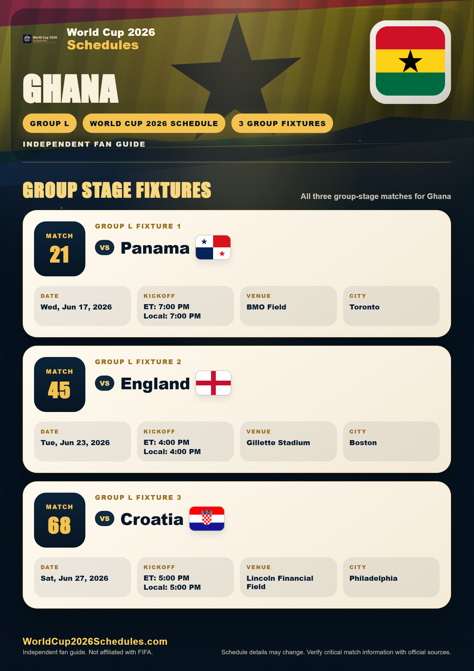 Ghana World Cup 2026 schedule poster with group stage fixtures, opponents, dates, times and venues