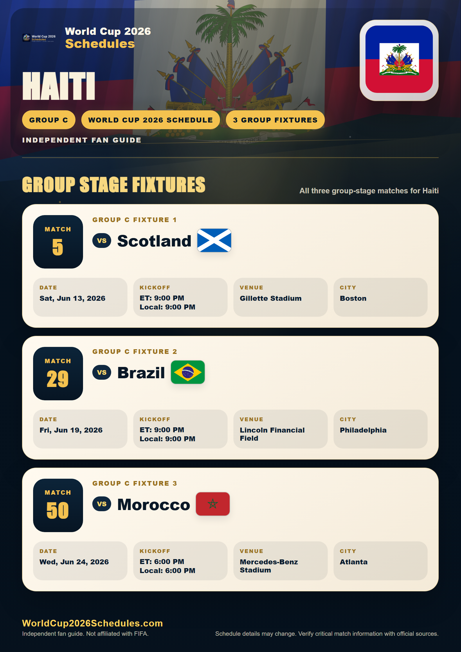 Haiti World Cup 2026 schedule poster with group stage fixtures, opponents, dates, times and venues