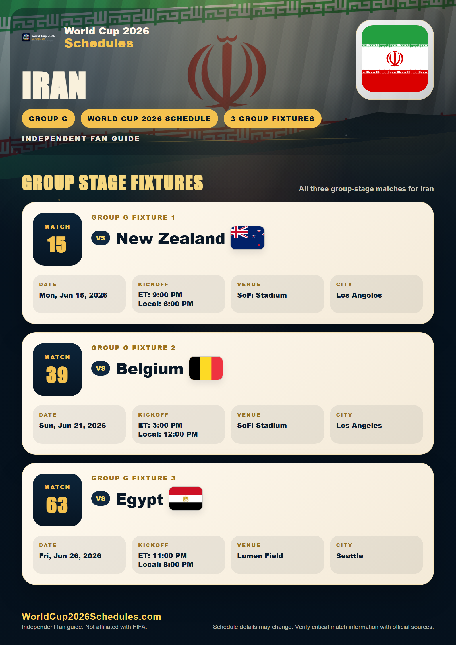 Iran World Cup 2026 schedule poster with group stage fixtures, opponents, dates, times and venues