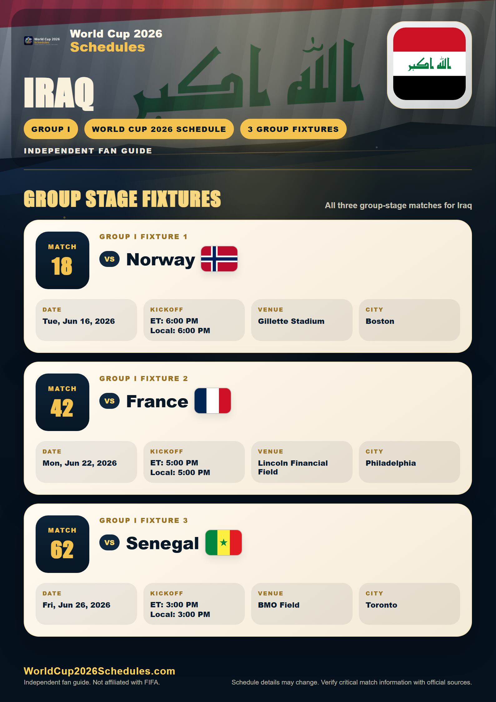 Iraq World Cup 2026 schedule poster with group stage fixtures, opponents, dates, times and venues