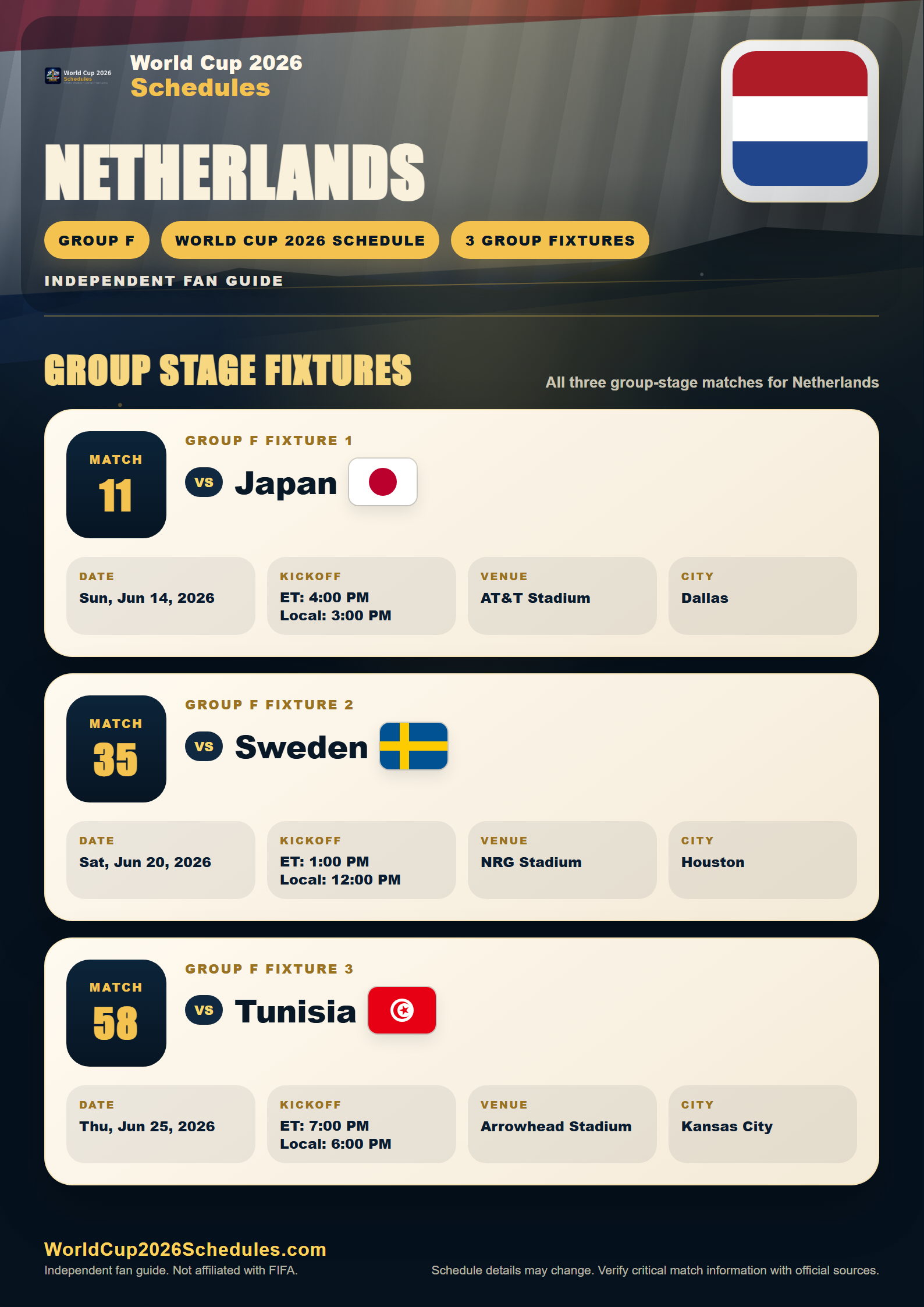 Netherlands World Cup 2026 schedule poster with group stage fixtures, opponents, dates, times and venues