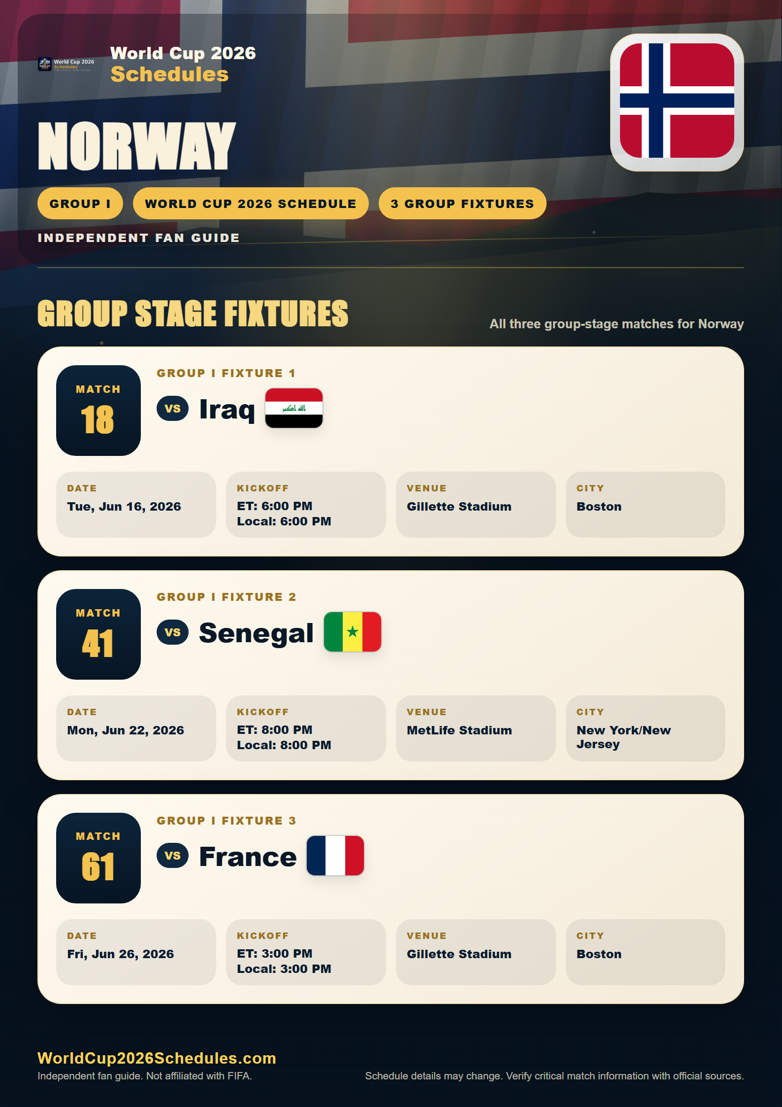Norway World Cup 2026 schedule poster with group stage fixtures, opponents, dates, times and venues
