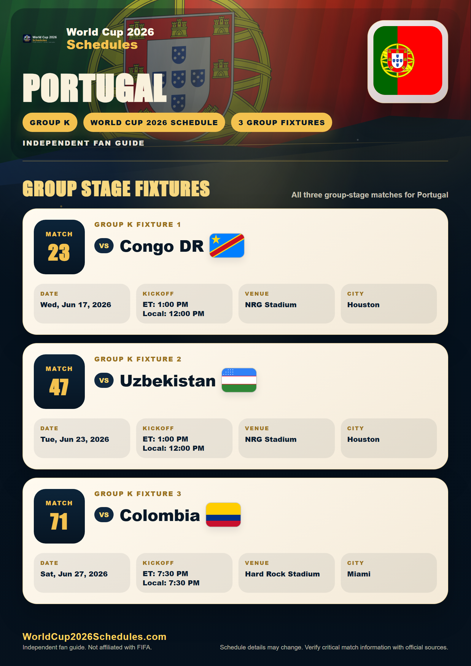 Portugal World Cup 2026 schedule poster with group stage fixtures, opponents, dates, times and venues