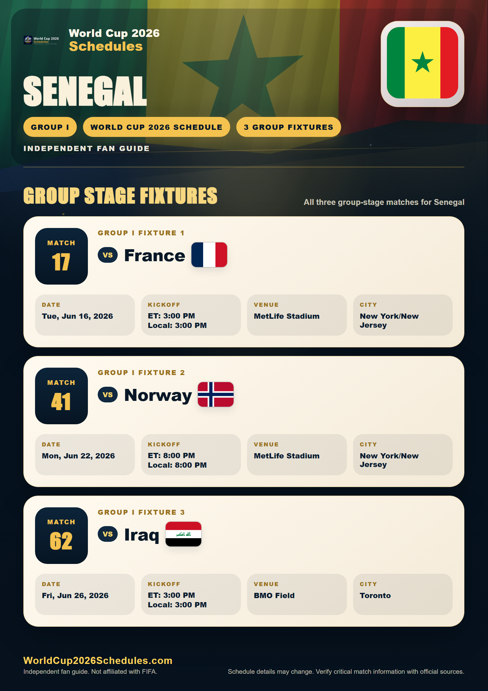 Senegal World Cup 2026 schedule poster with group stage fixtures, opponents, dates, times and venues