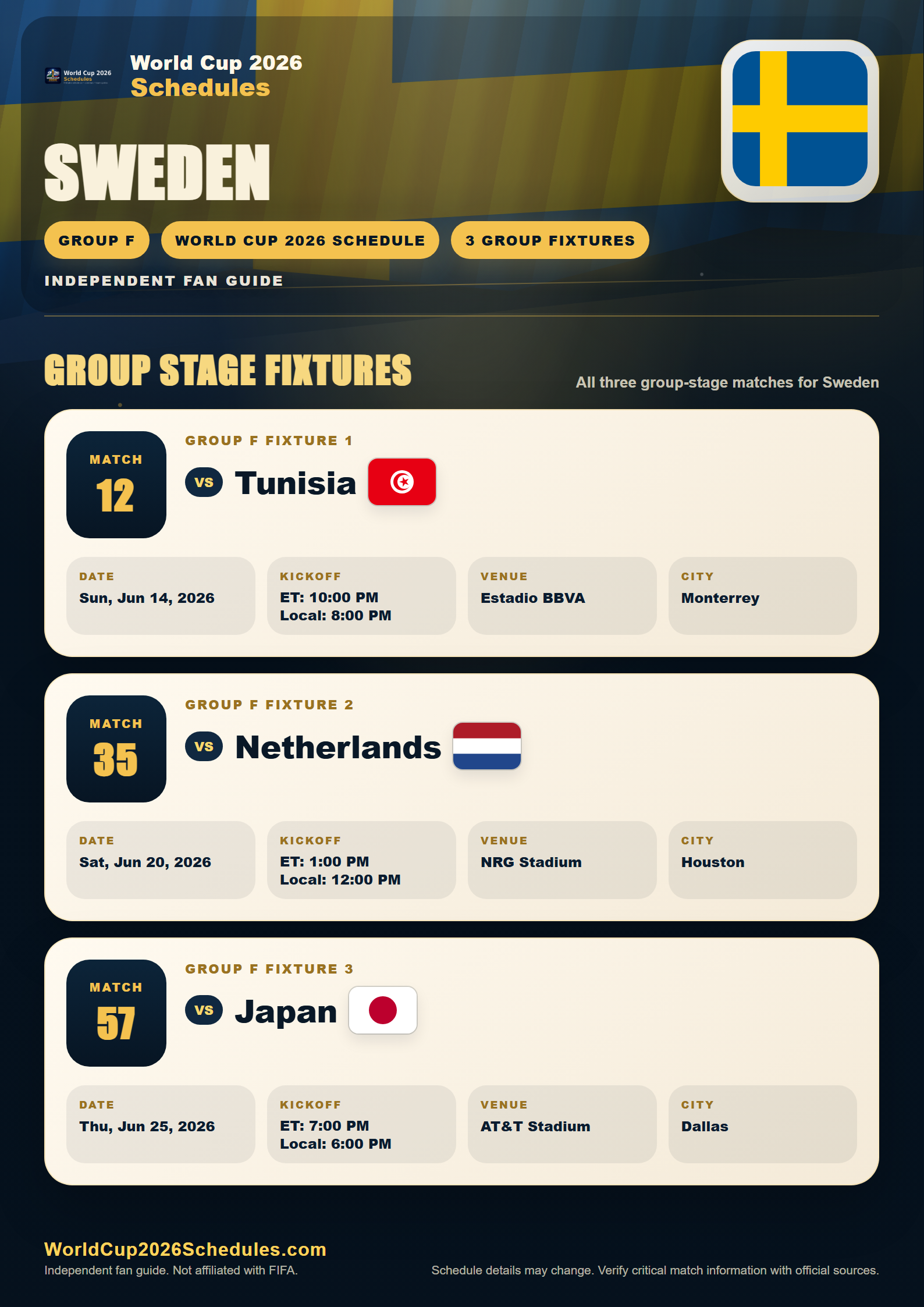 Sweden World Cup 2026 schedule poster with group stage fixtures, opponents, dates, times and venues