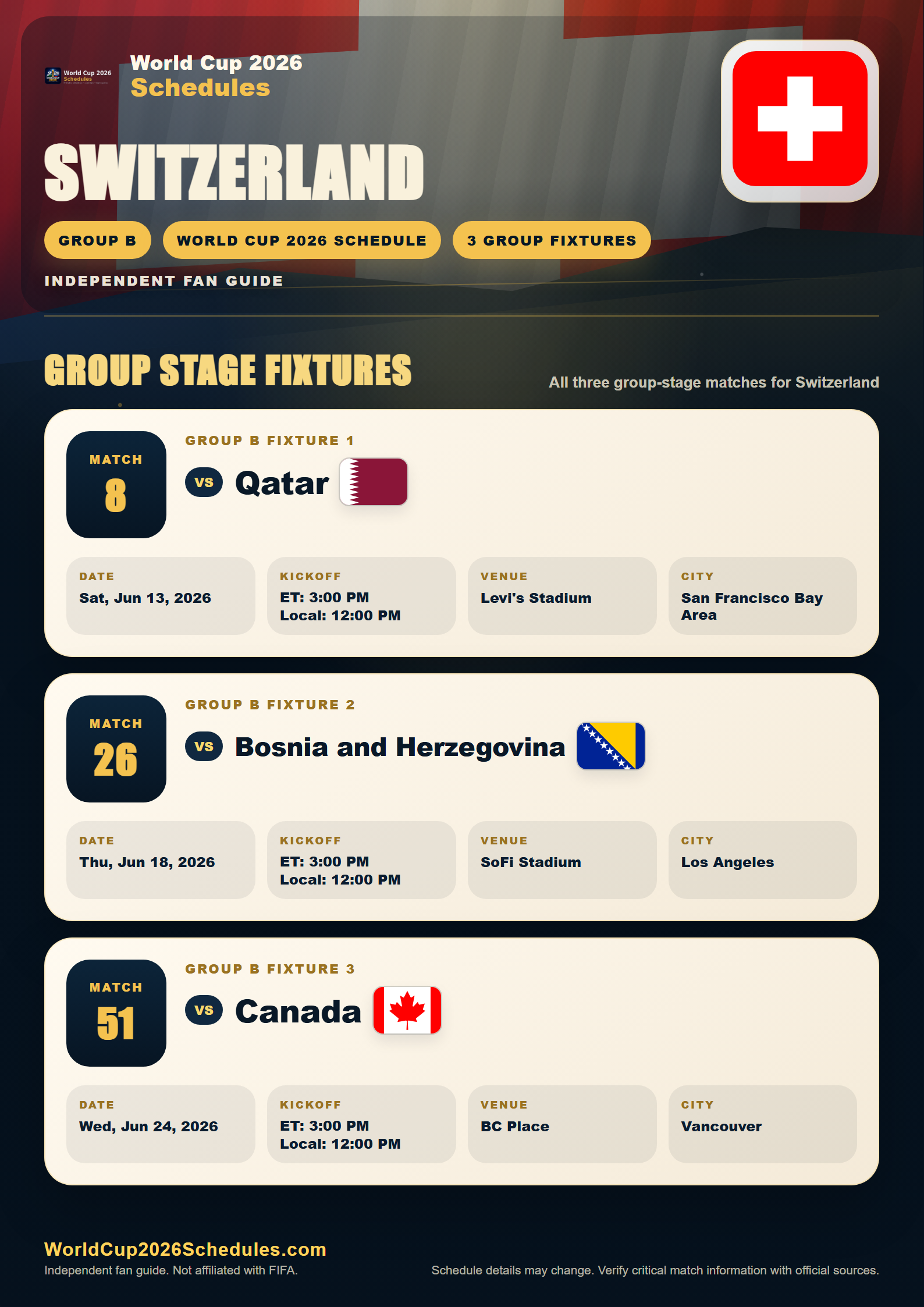 Switzerland World Cup 2026 schedule poster with group stage fixtures, opponents, dates, times and venues